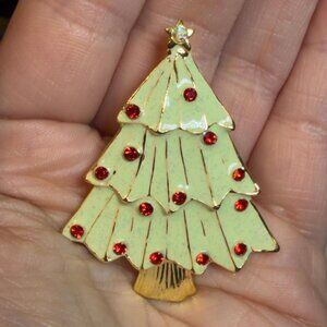 Christmas Tree Brooch Enamel Red Rhinestone Holiday Pin 2 Inch RARE
